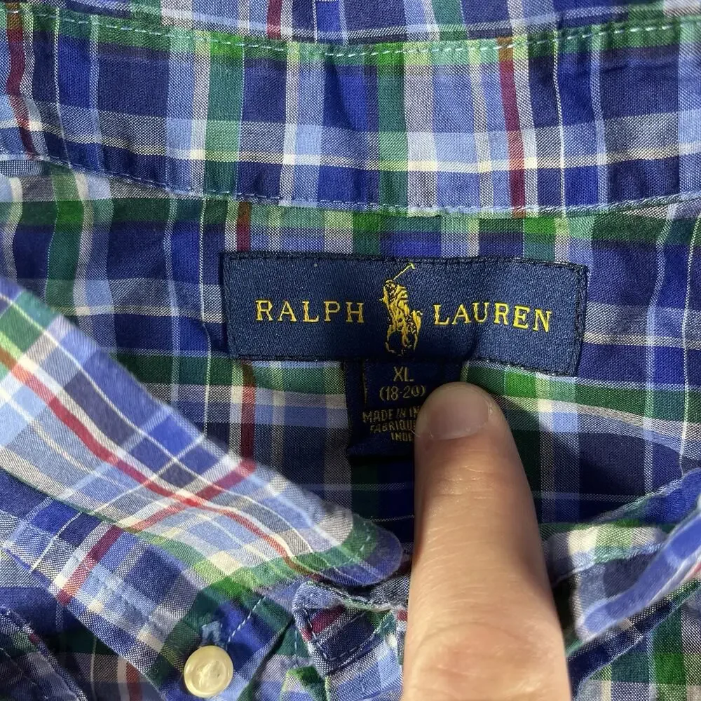 Ralph Lauren Boys XL 18-20 Plaid Button Down Shirt Long Sleeve Blue Green Pony
